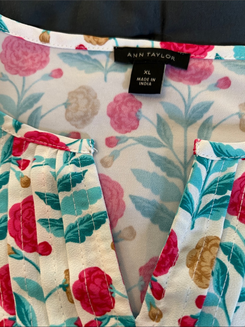 Ann Taylor Floral Pintuck V-Neck Blouse - Pink, Teal & Gold Accents - Picture 2 of 4
